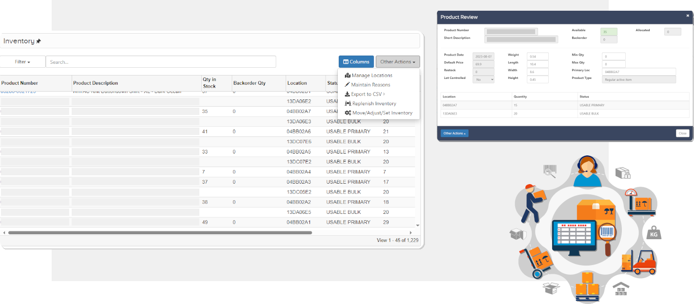 The Invetory screen (on the left) shows options like: manage locations, maintain reasons, exporting data, replenishing inventory, stock adjustments and stock moves; while the Product Review screen (on the right) shows available product fields