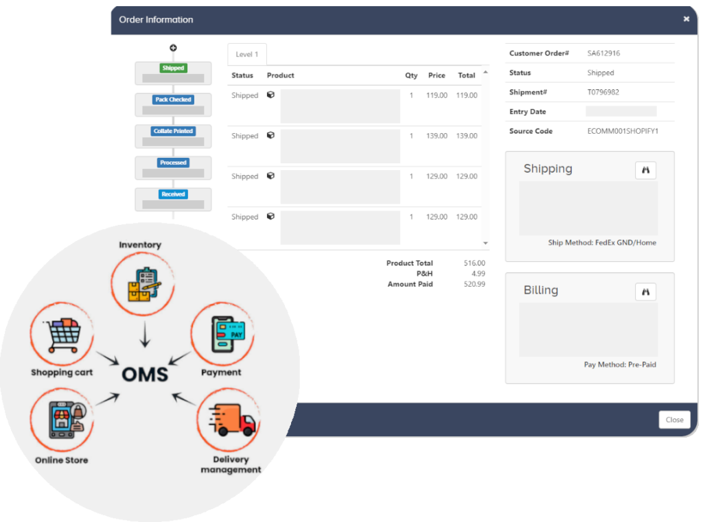 Our Order Information screen displaying order status, order history, order recap, payment recap, and address information 