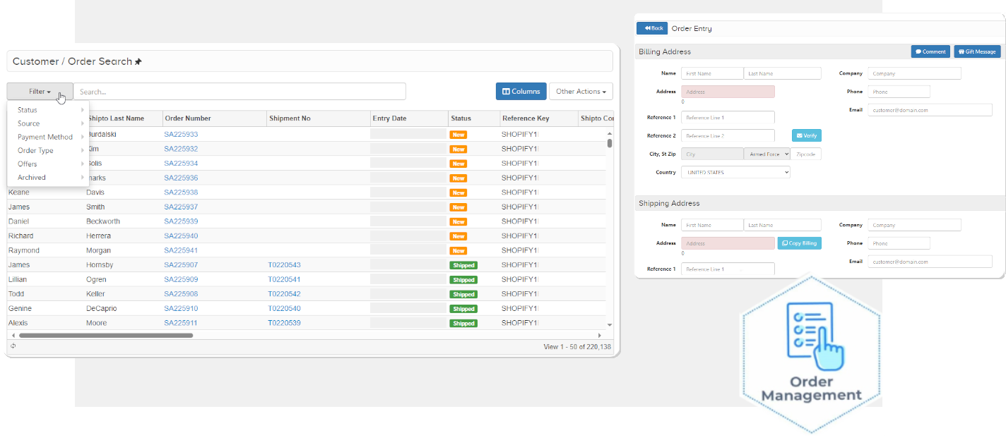 A cursor hovers over the filter with a drop down showing search options beside a sample of an order entry screen containing billing and shipping fields